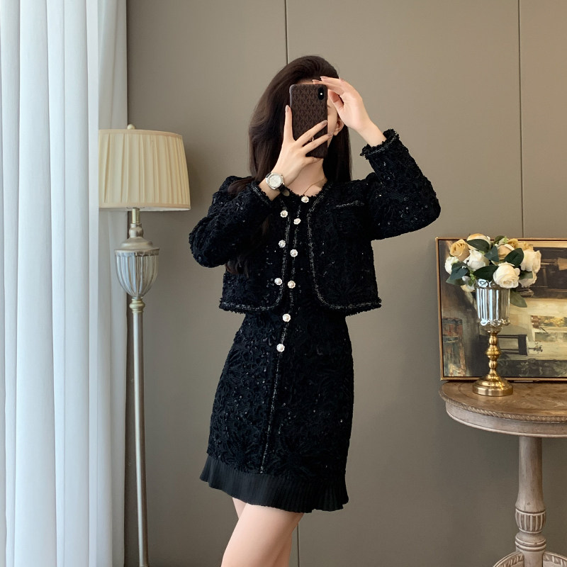 小香风黑色亮片套装裙女装秋冬高级感气质名媛短外套背心裙两件套