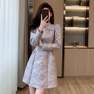 2025新款收腰连衣裙女装轻奢高级感新中式裙子紫色改良旗袍A字裙
