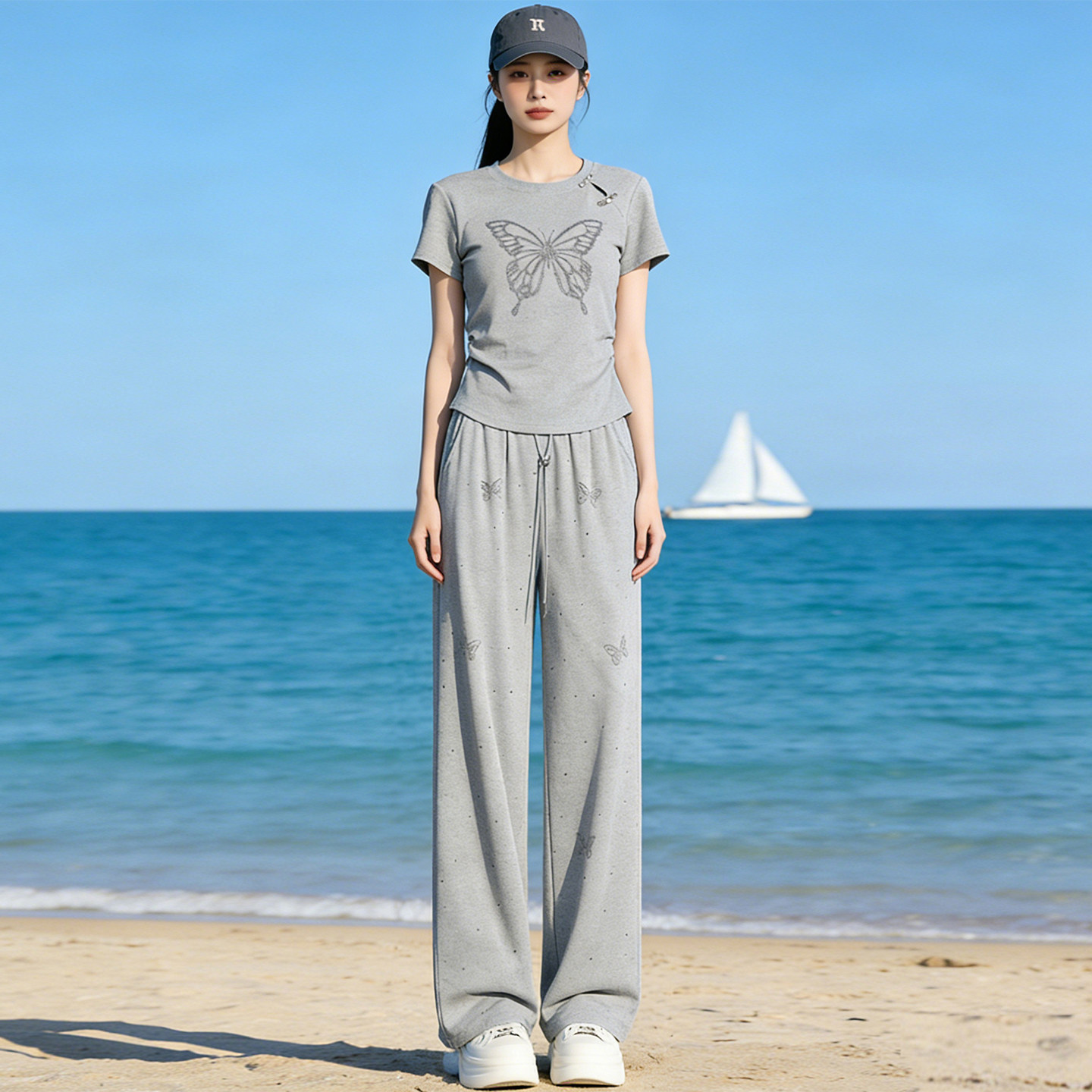 休闲运动慵懒风蝴蝶印花短袖阔腿裤套装女夏季显瘦减龄两件套气质