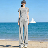 女夏季 套装 显瘦减龄两件套气质 阔腿裤 休闲运动慵懒风蝴蝶印花短袖