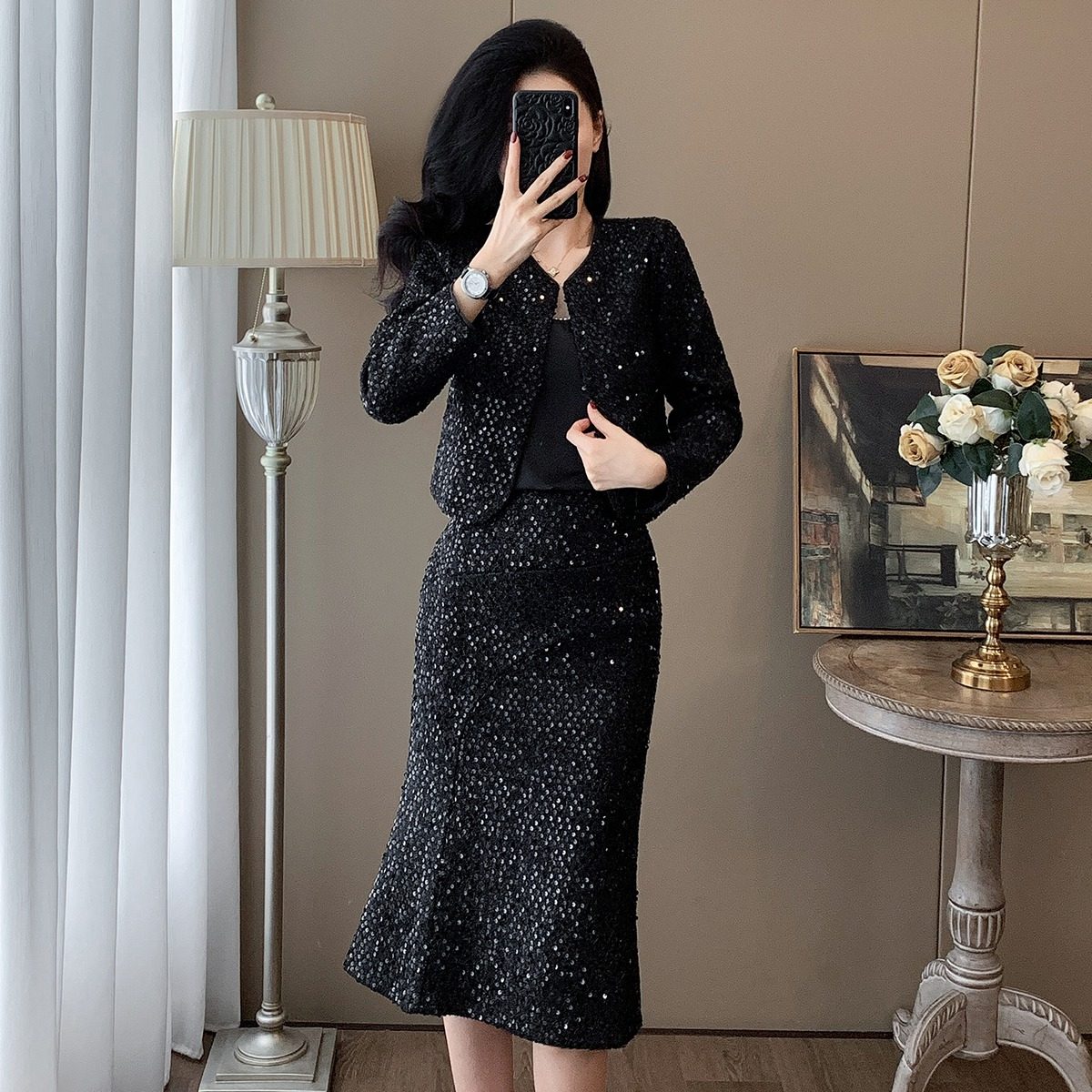 小香风外套高端套装裙子女秋冬2025新款轻奢气质黑色半身裙两件套,女装/女士精品,时尚套装,淘宝优惠券,粉丝福利购,淘宝优惠卷