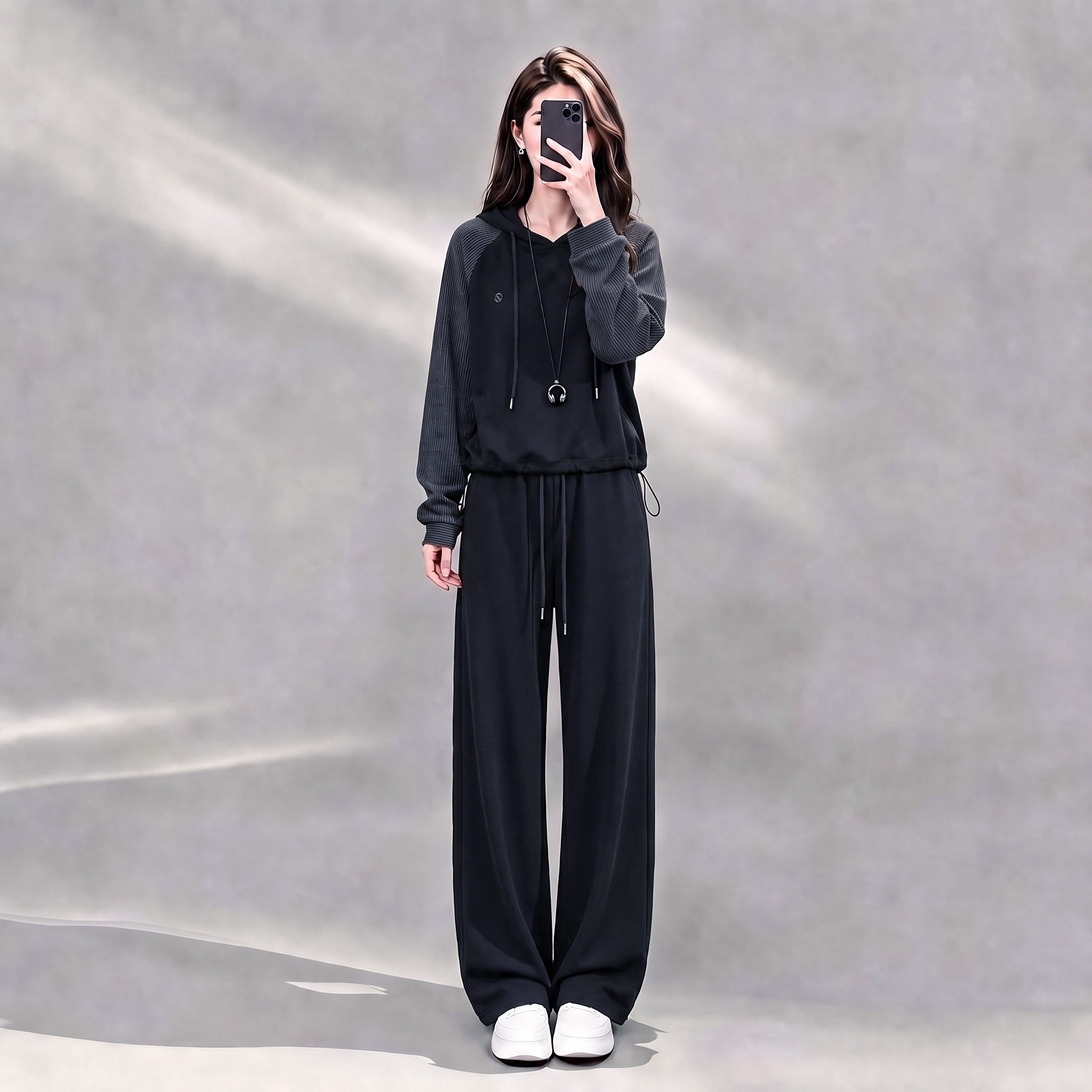 秋季女连帽卫衣阔腿裤套装显瘦