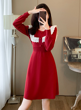 红色小香风针织连衣裙女秋冬收腰显瘦气质洋气减龄打底高级感裙子