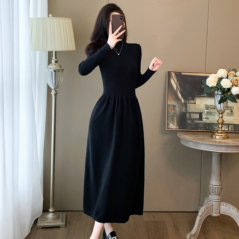 黑色长袖针织打底连衣裙女士