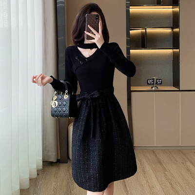 新款针织连衣裙国风旗袍领小黑裙