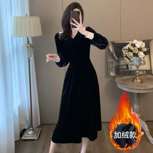 法式赫本风黑色V领金丝绒连衣裙女2024秋装显瘦气质名媛高级感裙