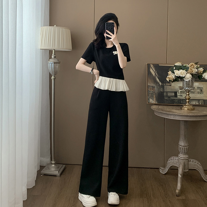 拼接高级感黑色运动休闲套装女装夏季2025新款显瘦减龄气质阔腿裤