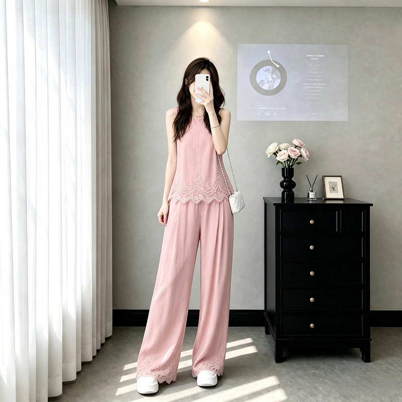夏蕾丝无袖阔腿裤两件套显瘦减龄