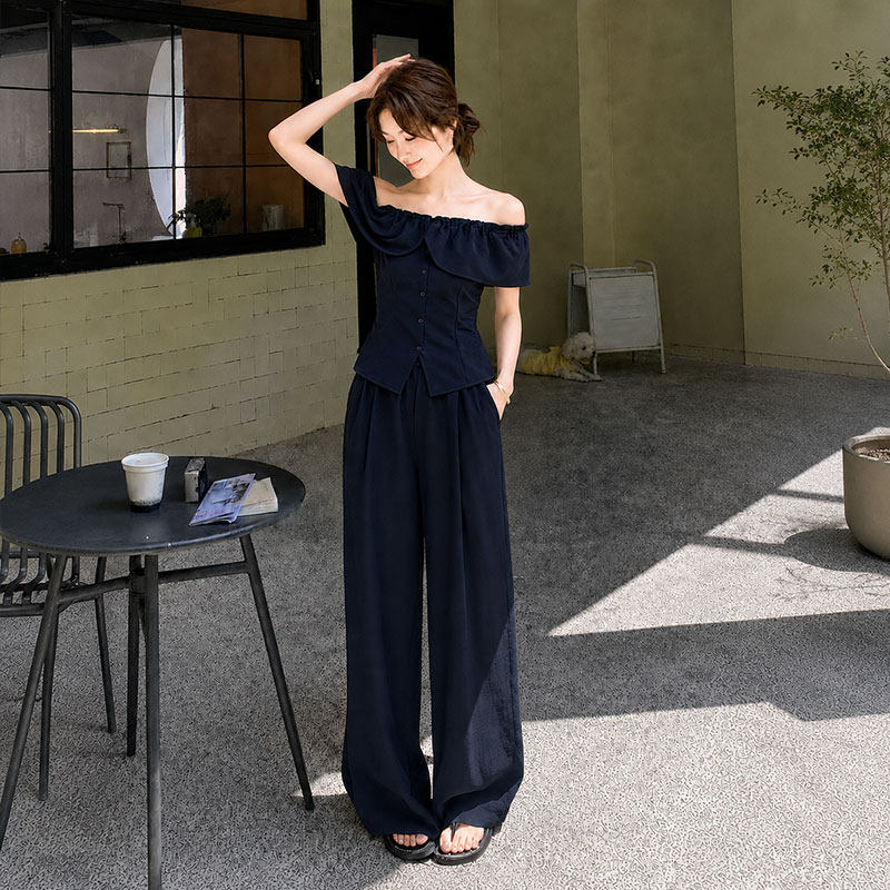法式一字肩阔腿裤女夏显瘦套装