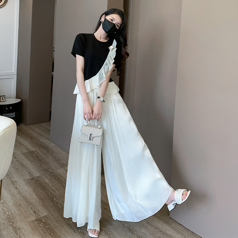 设计感韩版休闲时尚套装裙裤女夏2025新款木耳边上衣阔腿裤两件套