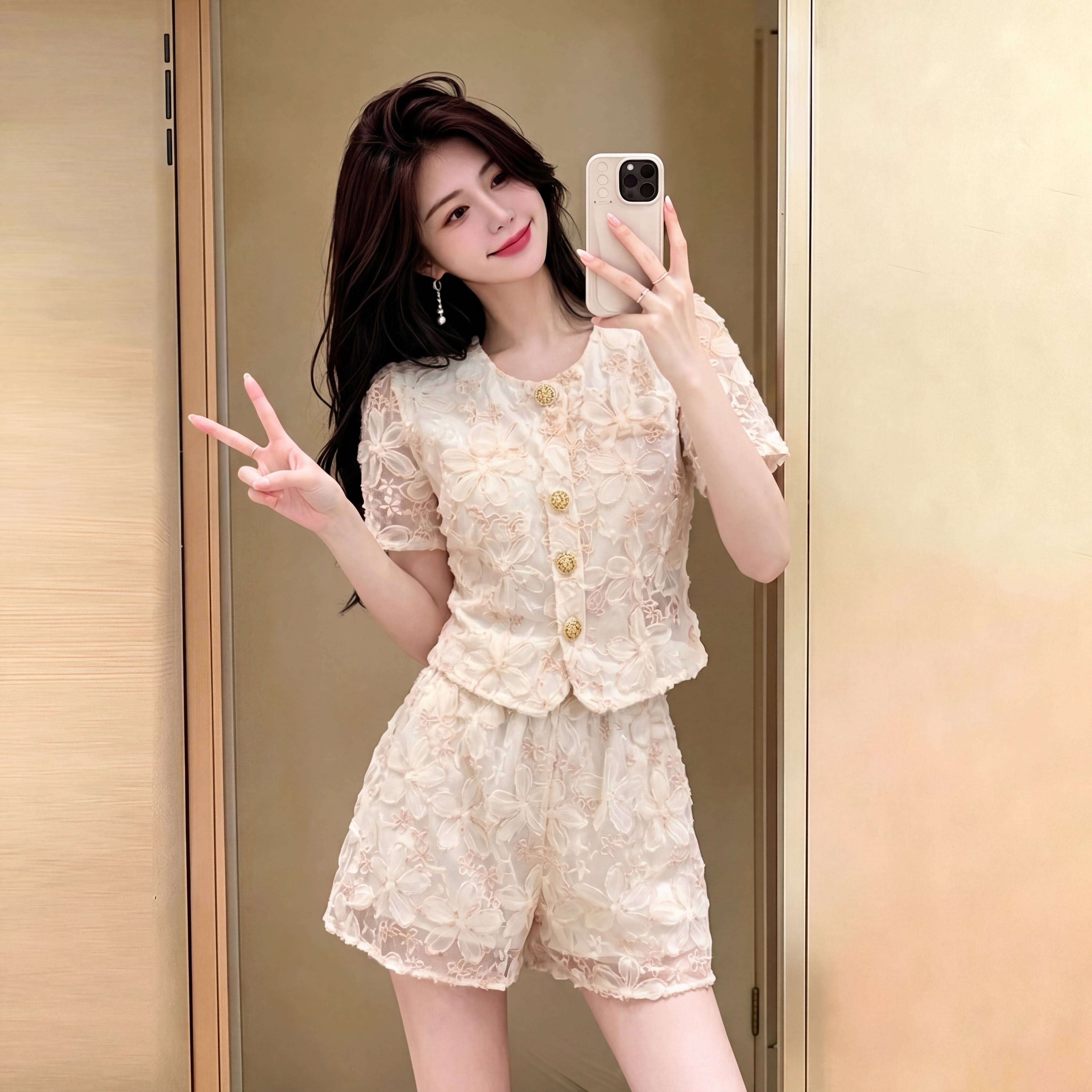 小香风蕾丝套装女夏季短袖短裤两件套显瘦减龄气质时尚套装小个子