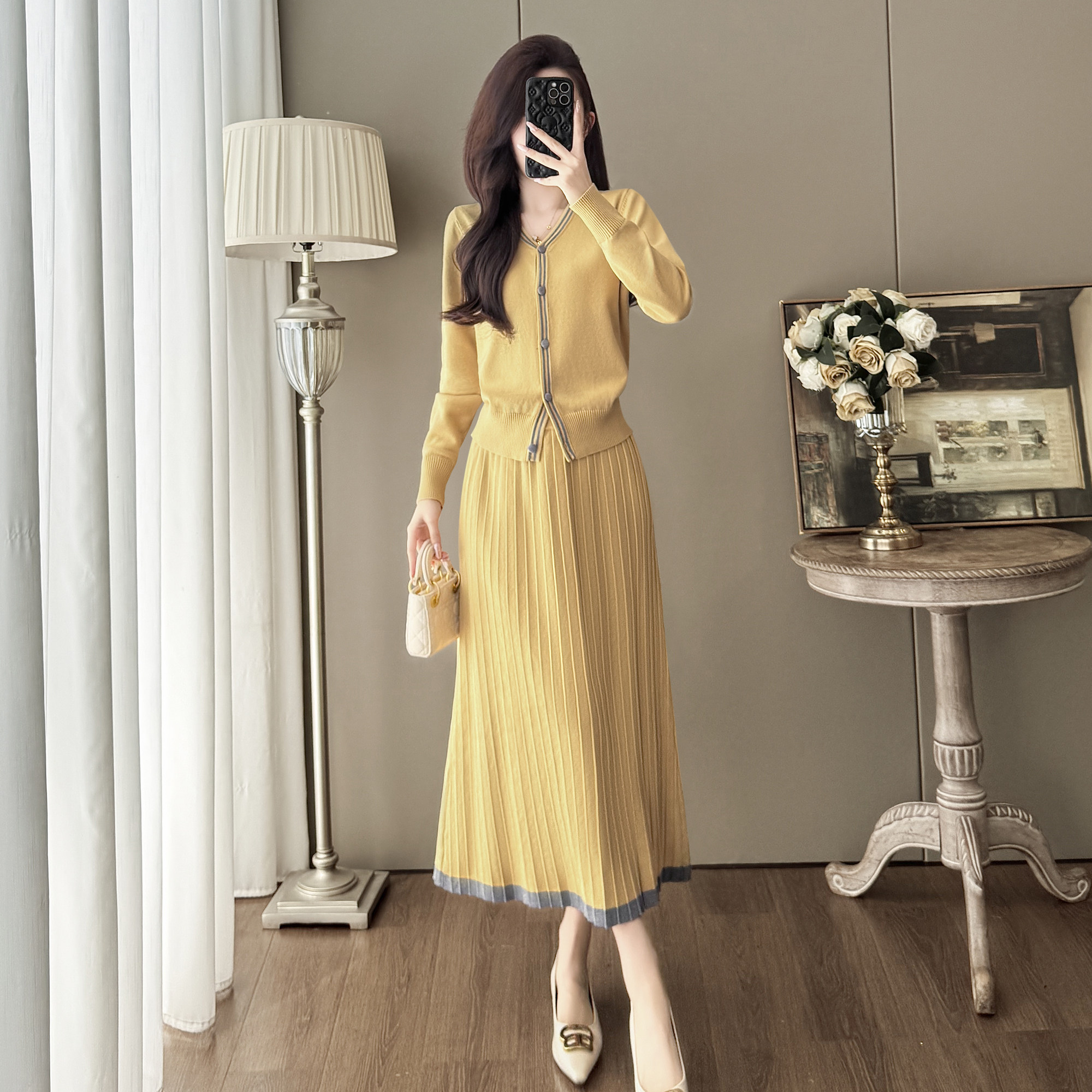 韩系撞色针织开衫百褶半身裙两件套女秋冬季气质减龄套装裙小香风