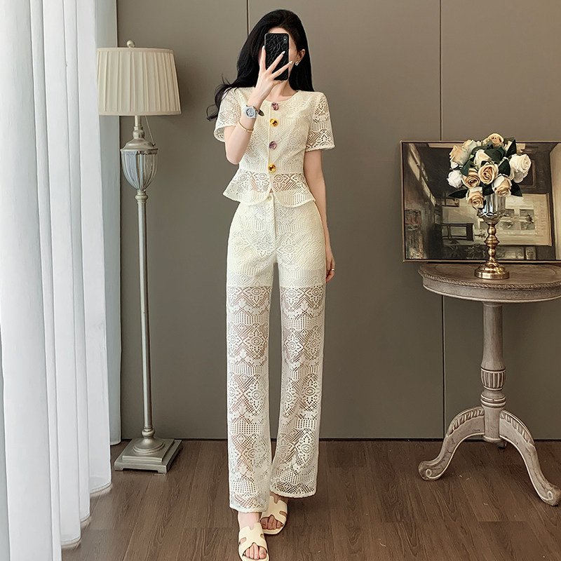 2025夏季新款时尚套装女装设计感小众气质显名媛阔腿裤两件套蕾丝