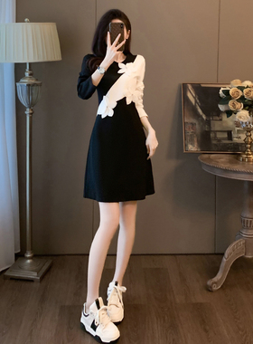 小个子黑色长袖连衣裙女秋季高级感气质减龄显瘦撞色拼接法式裙子