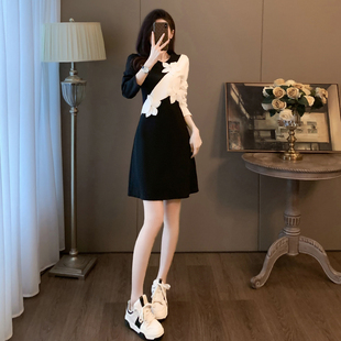 小个子黑色长袖连衣裙女秋季高级感气质减龄显瘦撞色拼接法式裙子