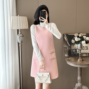 粉色连衣裙套装裙女装秋装新款设计感名媛毛呢背心裙小香风两件套