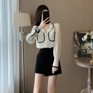 法式小香风白色衬衫女春装小衫洋气独特别致上衣高腰短裤裙套装女