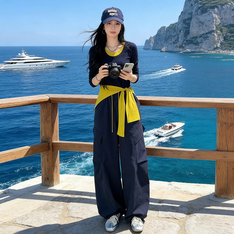 休闲运动套装女春秋装时尚撞色修身显瘦阔腿裤三件套2026新款减龄