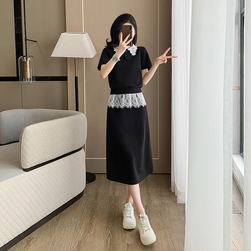 2025夏季新款时尚套装女设计感蕾丝拼接短袖上衣高腰减龄半身裙