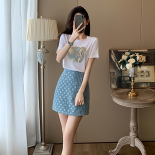 小香风亮片套装裙女夏季2024新款气质显瘦短袖T恤洋气裙子两件套