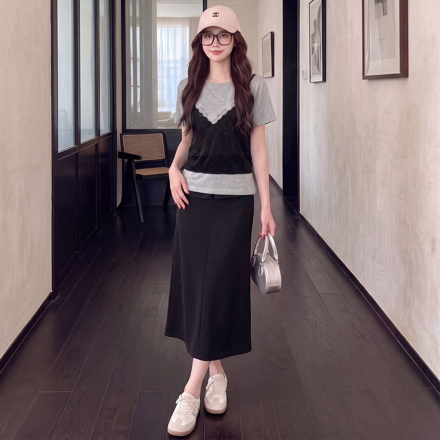 夏季蕾丝拼接假两件显瘦套装