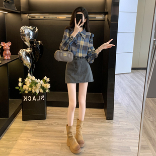 小个子穿搭休闲套装裙女春季洋气减龄格子衬衫半身裙两件套时尚