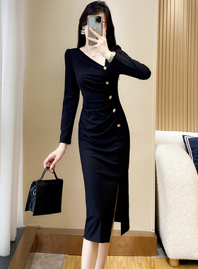 秋装新款气质高级感黑色包臀连衣裙修身开衩轻奢显瘦赫本风小黑裙