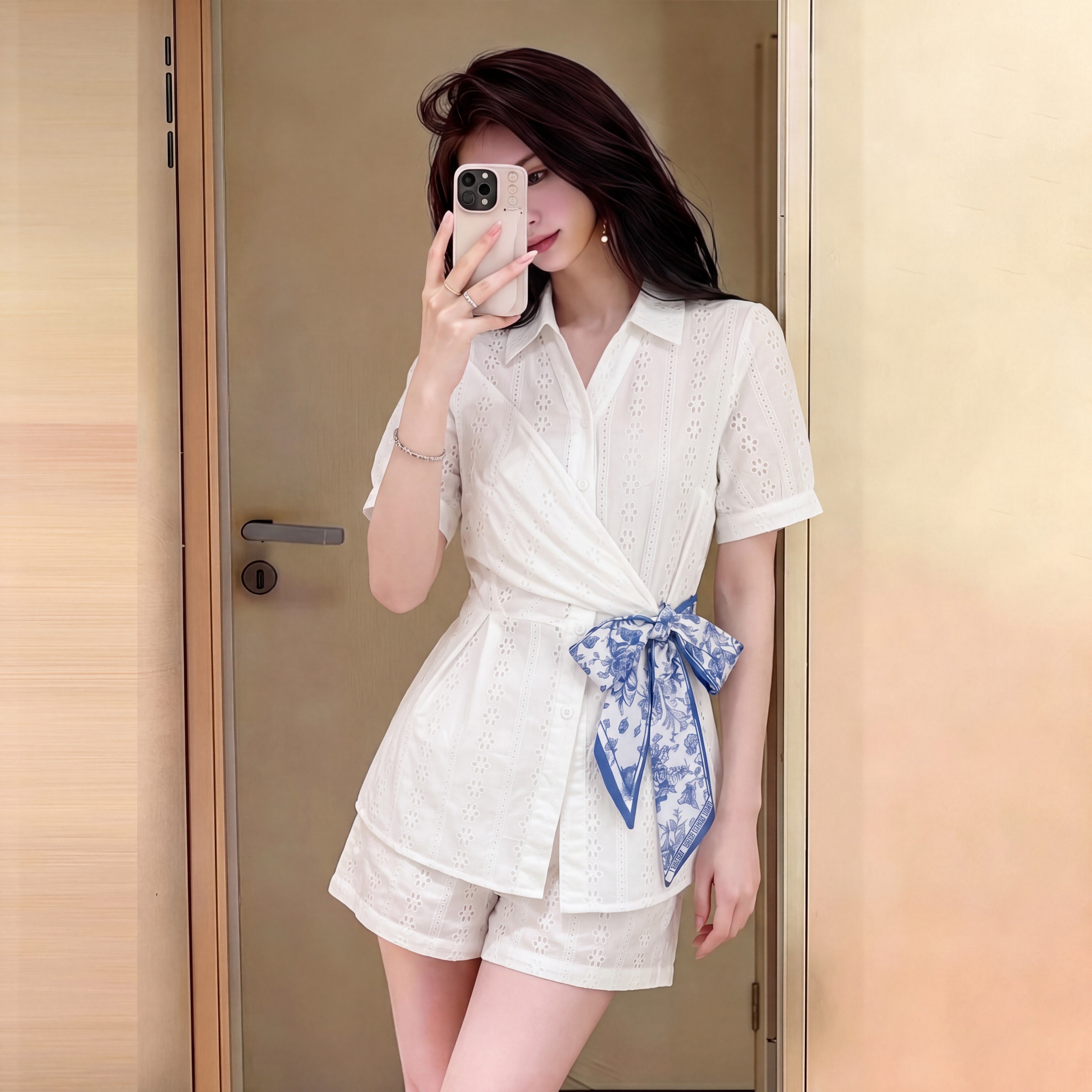 夏季镂空系腰显瘦短袖两件套女