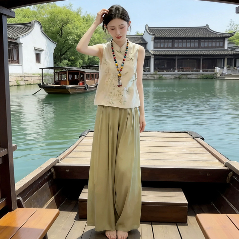 新中式国风套装女夏装一整套复古无袖上衣阔腿裤两件套高级感轻奢