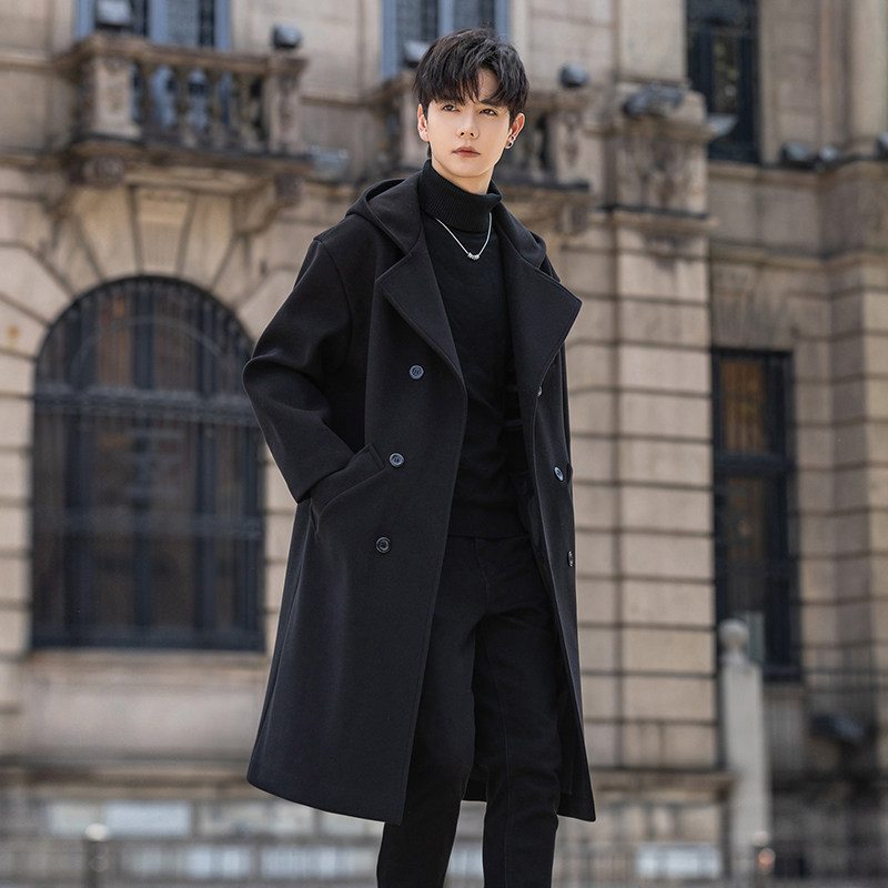 毛呢大衣男中长款过膝连帽风衣男