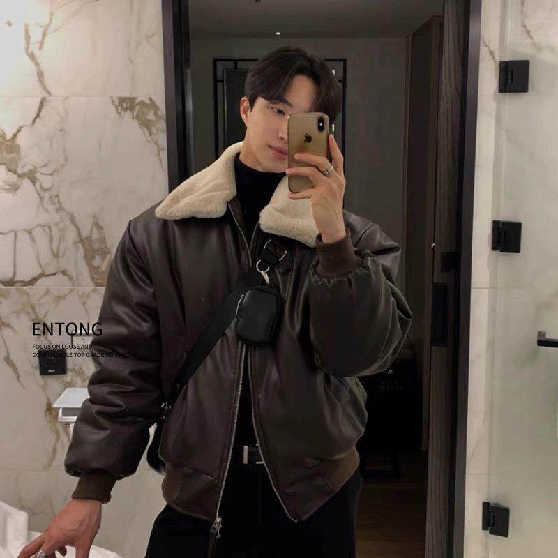 美式复古羊羔毛翻领皮衣棉服男