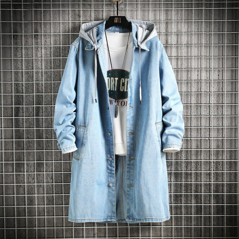复古中式重磅牛仔披风男士春季装大码休闲拼接连帽中长款风衣外套