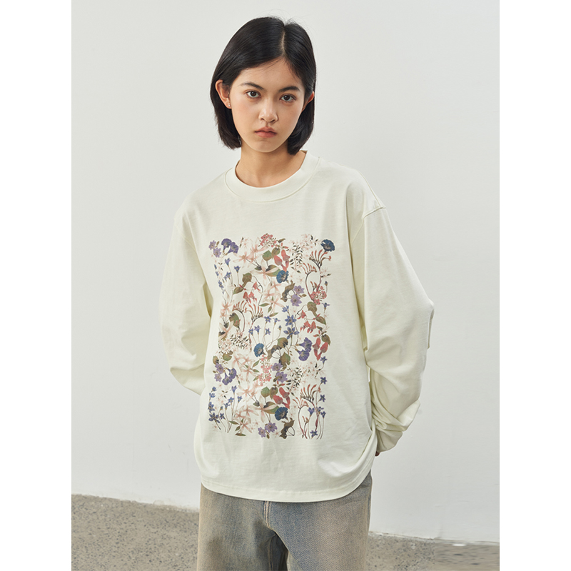 11st crops*violet T 紫罗兰竹节花纱植物花卉印花长袖T恤