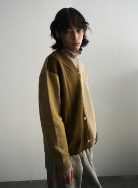 11St Crops 大地色块拼接撞色原创独立设计V领开衫毛衣外套针织衫