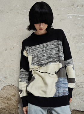 11St Crops “点线面”不规则拼接新款春款情侣毛衣国潮针织衫