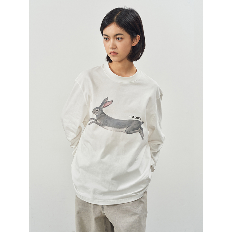 11st crops*sausage rabbit t 腊肠兔水彩印花纯棉竹节长袖T恤