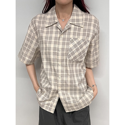 11st crops*lace plaid pattern shirt 蕾丝竖纹格纹拼接短袖衬衫