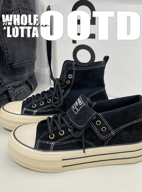 NewRockStarChoppa 秋冬帆布鞋男款小众运动休闲黑色中帮厚底板鞋