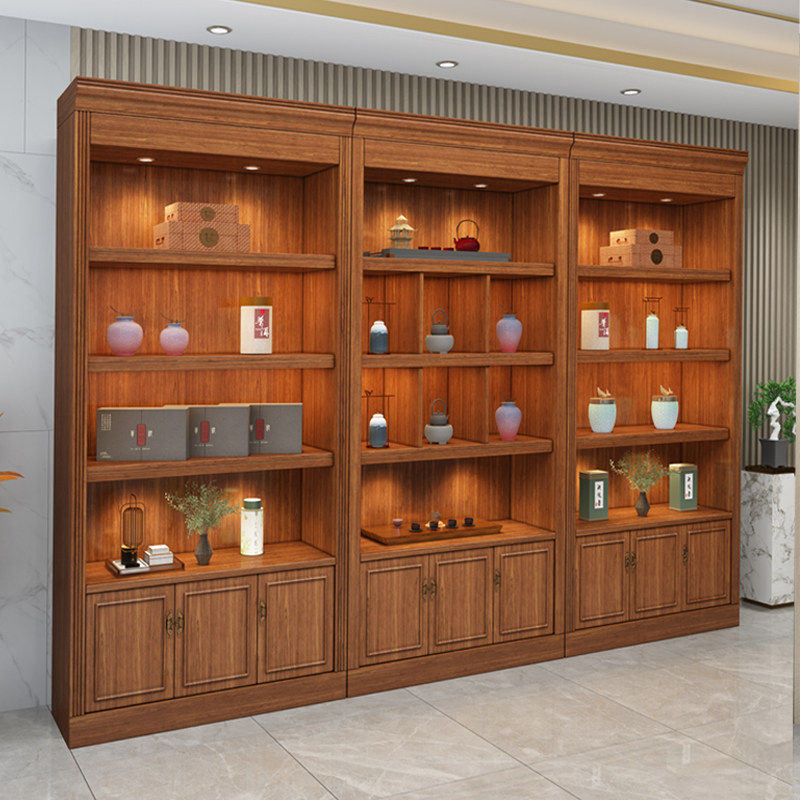 白酒柜商行展示柜特产干货陈列柜陶瓷茶叶产品柜复古实木带灯货架