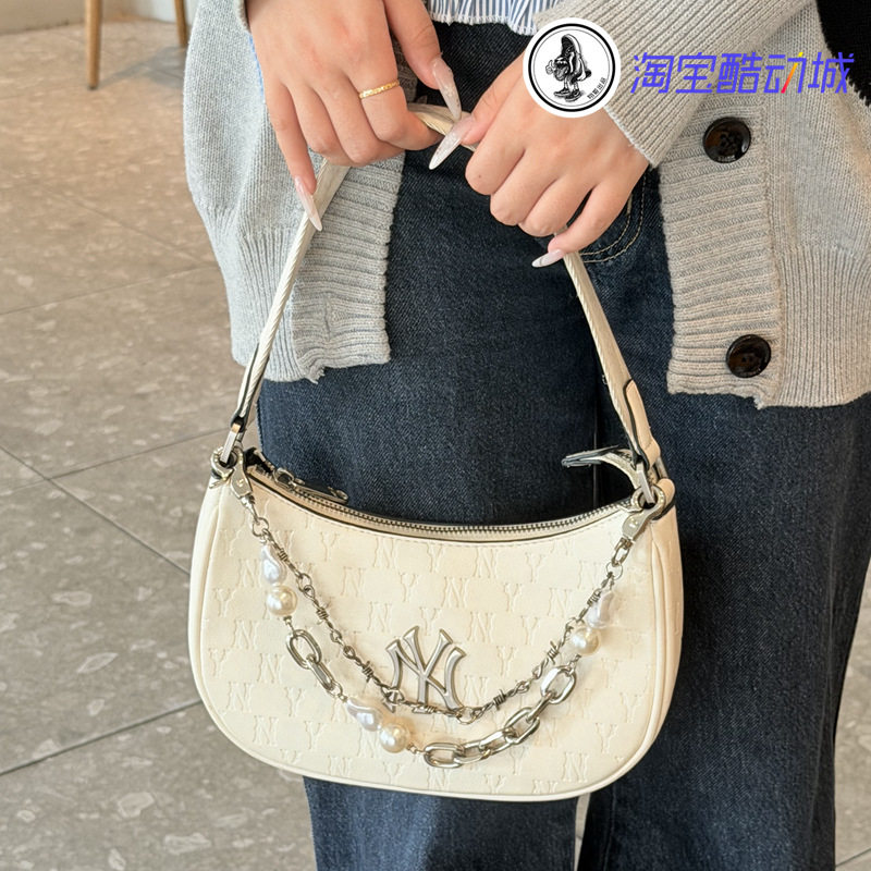 韩国MLB正品复古老花金属皮质腋下包洋基队女款单肩挎包手提包