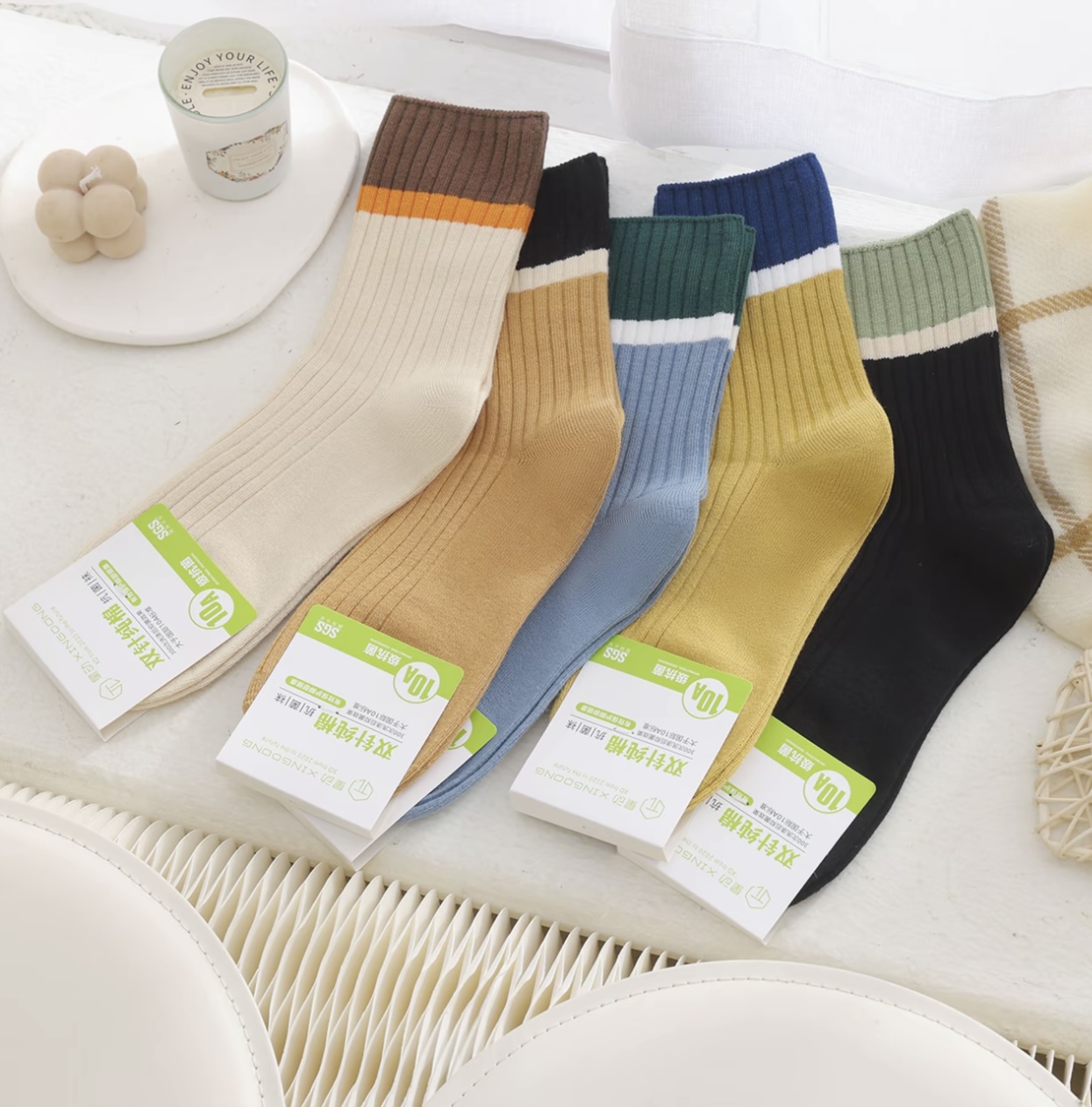 星动袜子女士纯棉春秋季100%双针条纹小清新学院风百搭中筒棉袜