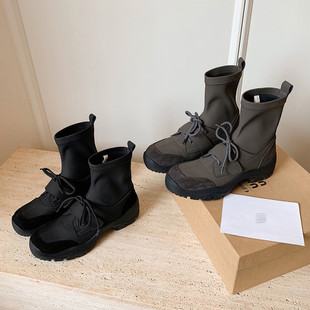 l'avance真皮 2025款法式复古女5cm时髦精弹力瘦瘦靴袜靴系带短靴