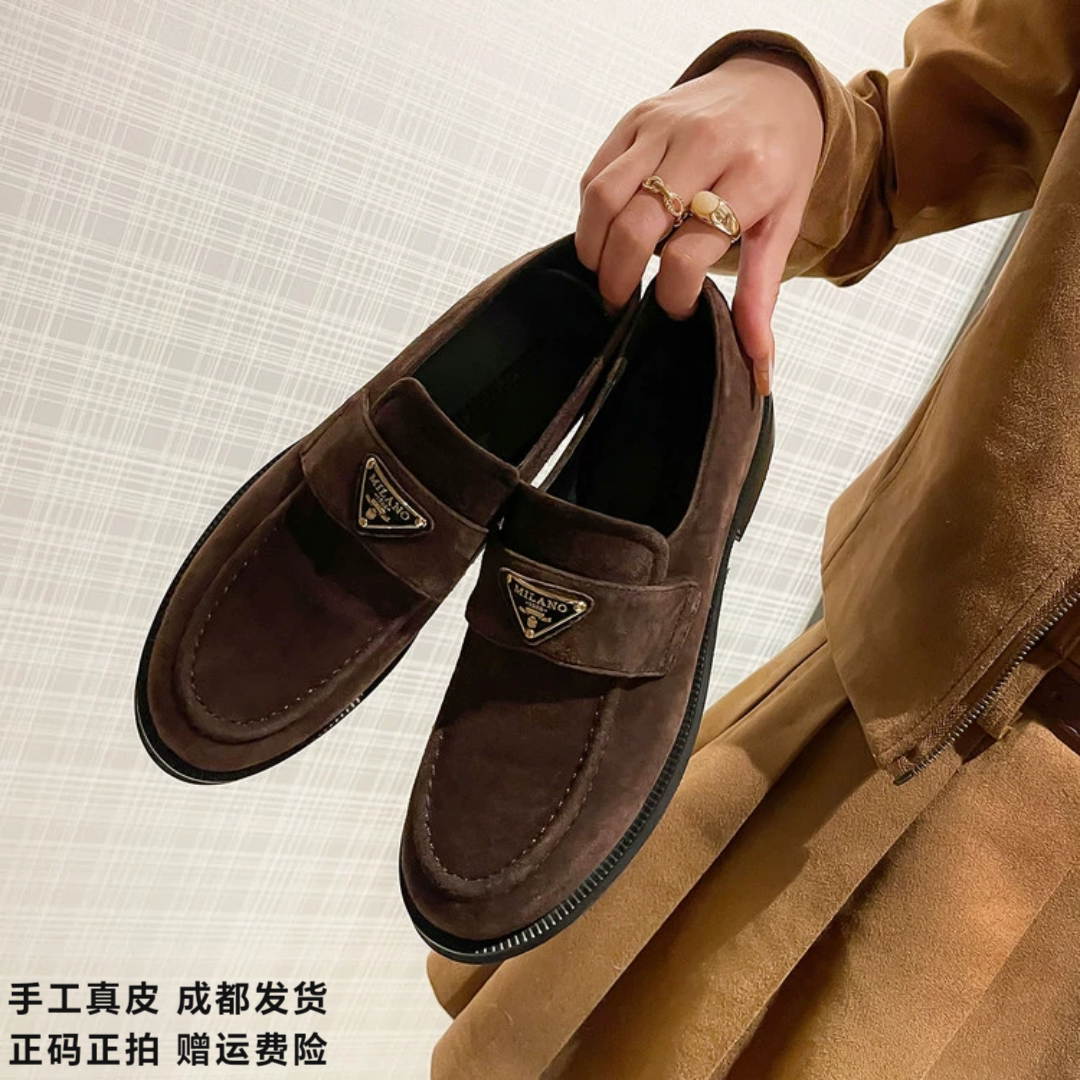 L'avance羊翻皮乐福2026秋高品质女鞋巨舒适纯皮单鞋可可系小皮鞋