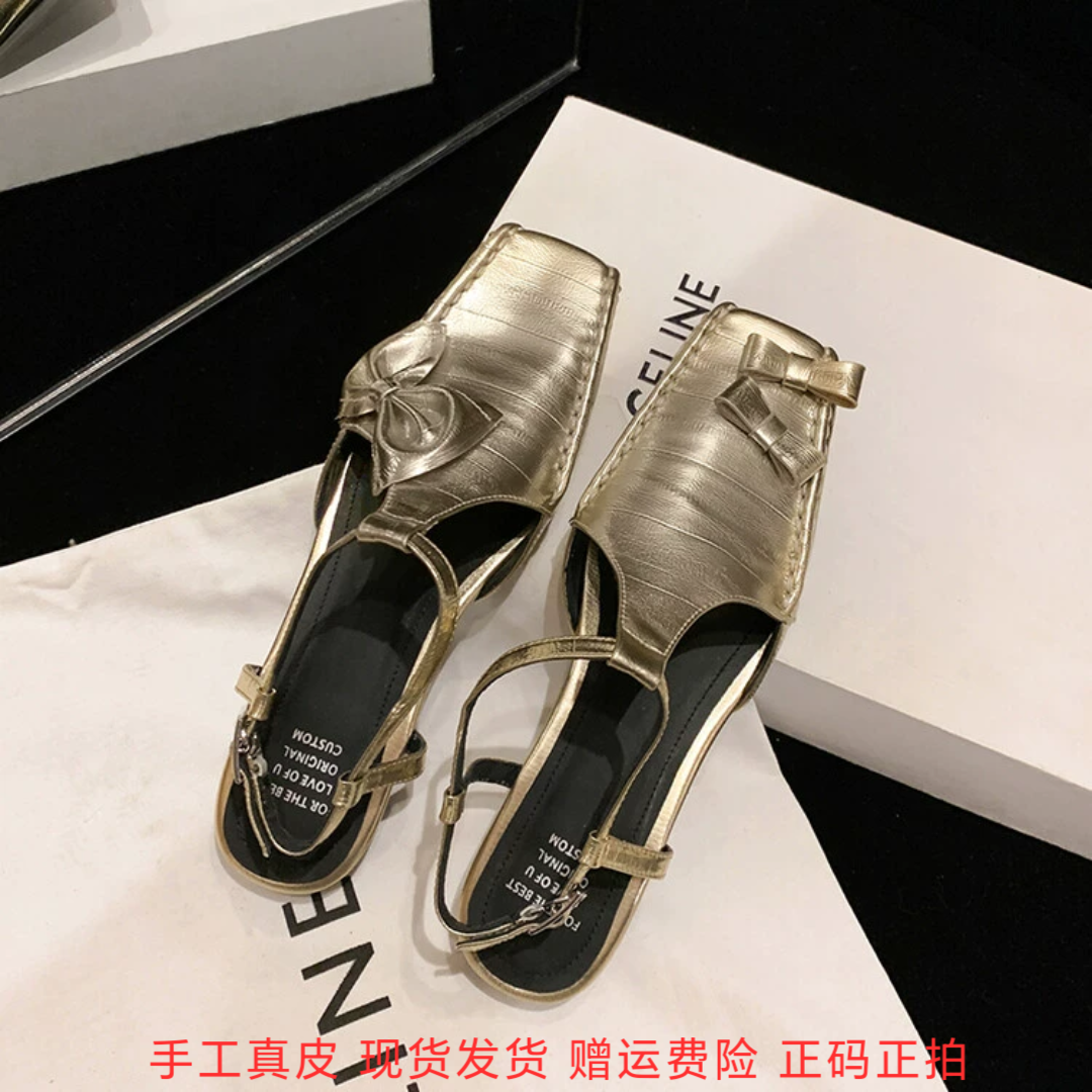 l'avance真皮法式复古新款女2cm包头T子带玛丽珍不对称后空单凉鞋