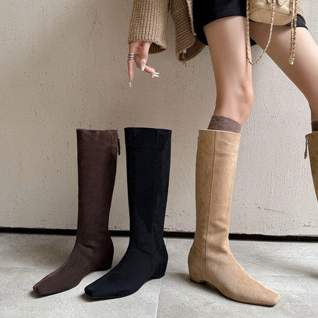 l'avance真皮 法式复古女4.5cm时髦精瘦瘦靴绒面长靴洋气内增高靴