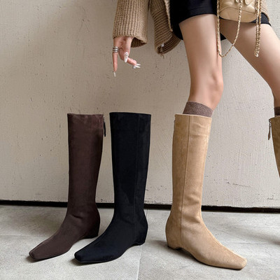 l'avance真皮 法式复古女4.5cm时髦精瘦瘦靴绒面长靴洋气内增高靴