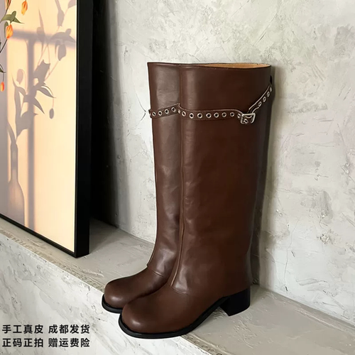 L'avance牛皮裤管靴2026秋高品质女鞋巨舒适纯皮单靴可可系高筒靴