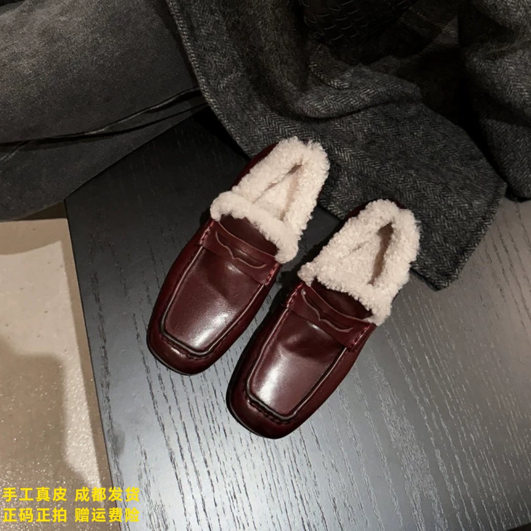 L'avance牛皮加绒乐福2026高品质女鞋巨舒适纯皮单鞋可可系毛毛鞋