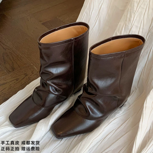 L'avance牛翻皮褶皱堆堆靴2026冬高品质女鞋巨舒适纯皮单靴及踝靴