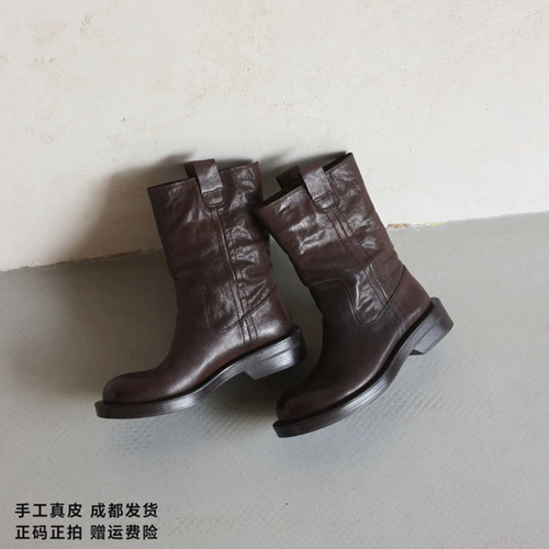 L'avance牛皮西部靴2026秋高品质女鞋纯皮单靴可可系中筒靴堆堆靴